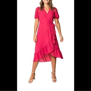 GIBSONLOOK Pink Ruffled Wrap Sundress with Puff Sleeves/size S